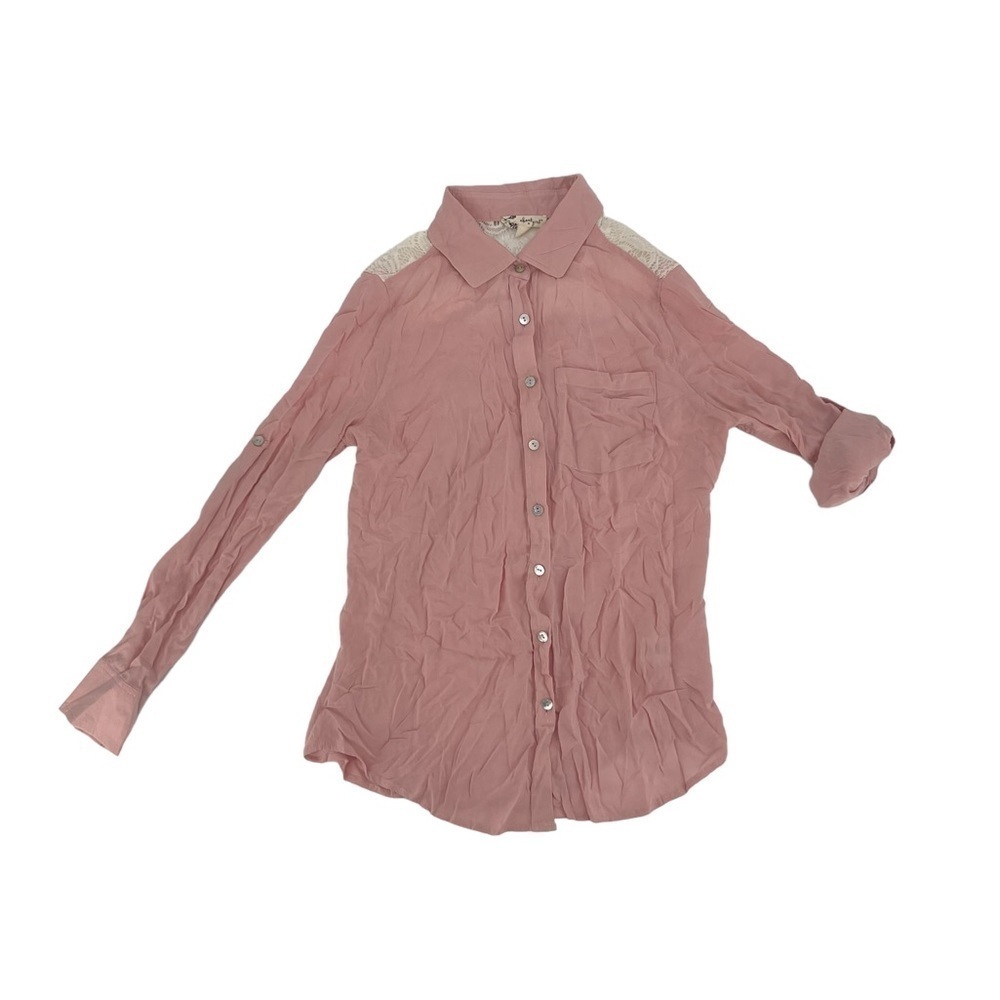 about a girl Pink Long Sleeve Button Up Back Lace Blouse Size XS Women’s